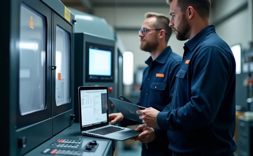 Tecnico e operatore controllano versione software e parametri su un CNC in officina meccanica